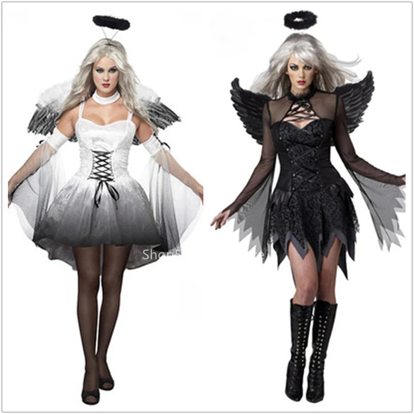 

Women Devil Ghost Bride Dress Halloween Horror Carnival Party Cosplay Scary Costumes Day of The Dead Evil Angel Dress with Wing