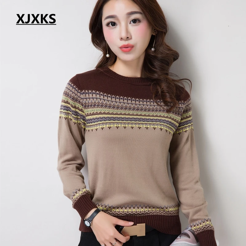 Женский свитер XJXKS осенне-весенние пуловеры топы Модные Повседневные с круглым