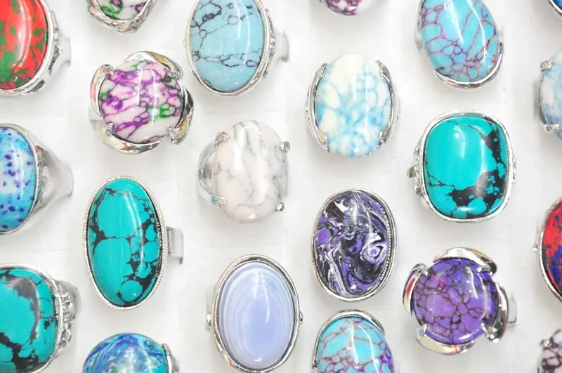 

20Pcs Mix Random Color Size Natural Stone Women Rings Mixed Style Retro Vintage Jewelry Wholesale Ring Lots