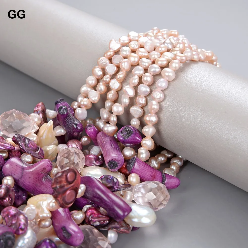 

GG Jewelry Huge 20" 6 Strands Pink Pearl Purple Coral Crystal Necklace