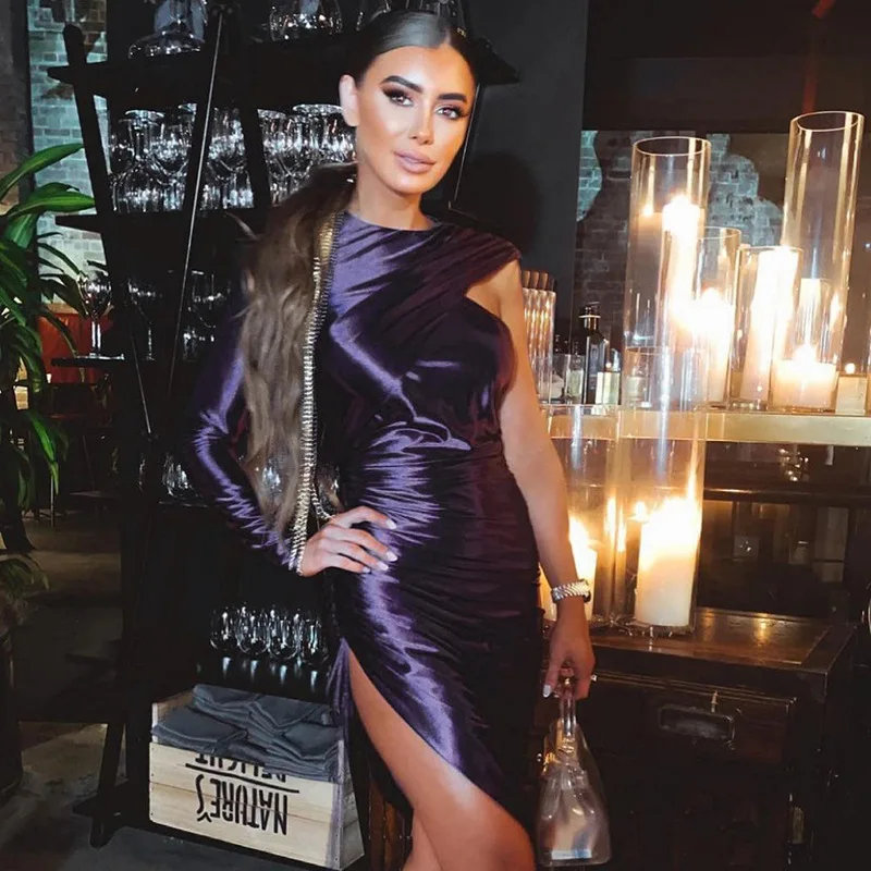 

Purple One Shoulder Wrap Mini Dress Sexy Skinny Split Dresses Drawsting Pleated Party Night Club Elegant Vestidos Robe