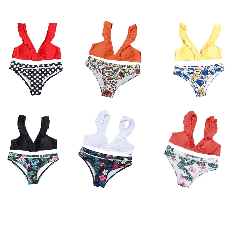 

Женский купальник, пляжная одежда, купальный костюм, комплект бикини из 2 предметов, бюстгальтер с оборками и открытой спиной, купальник с пр...