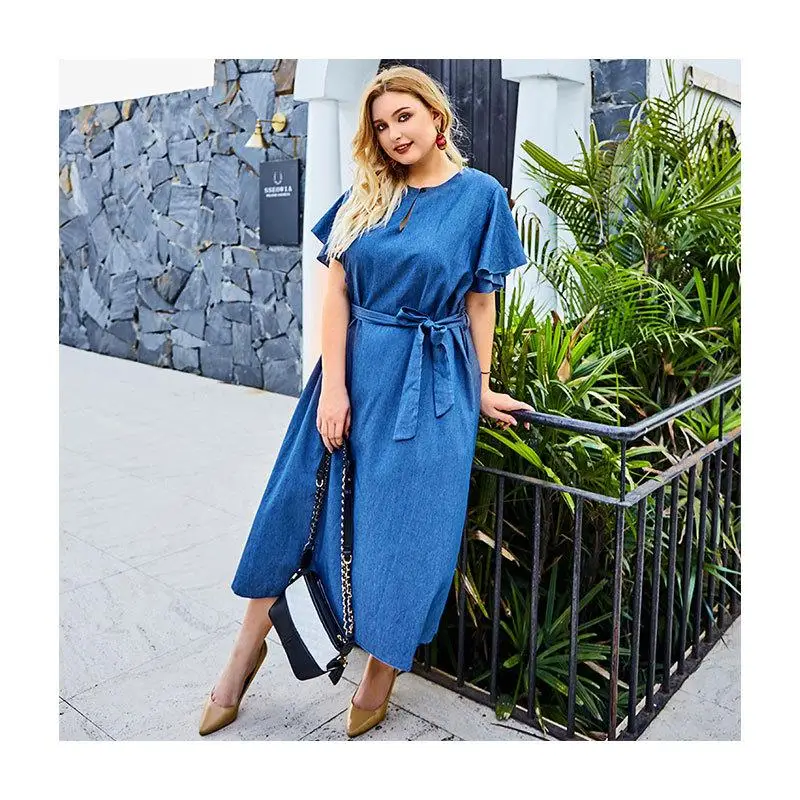

2020 New Woman Summer Long Dress Plus Size Loose Casual Woman Dresses lotus leaf Short Sleeve Belted Casual Blue Big size dress