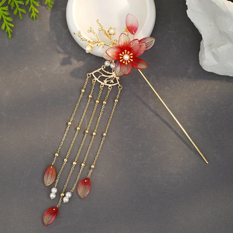 Длинные шпильки для волос с жемчугом и красными цветами FORSEVEN золотистые