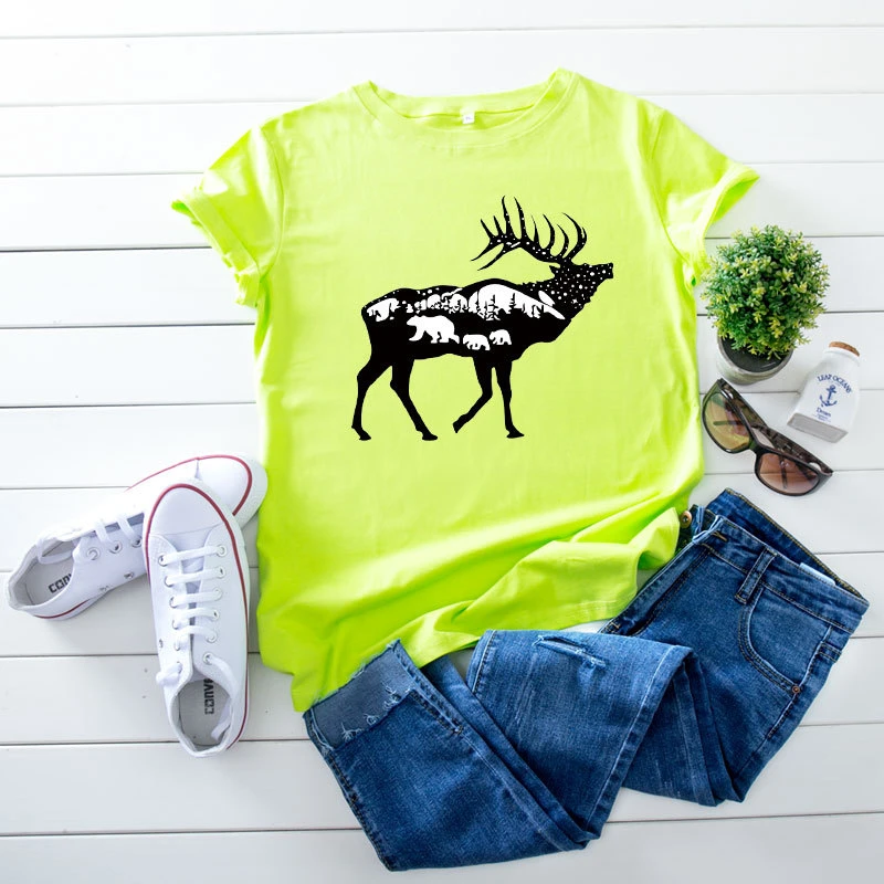 

Merry Christmas Leopard Print Car Christmas Elk Women's European and American Printed Tshirt Christmas Shirt CottonO-neckCotton