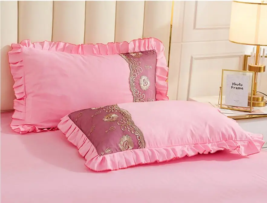 Розовое/бежевое кружевное постельное белье с вышивкой наволочки для кровати 1/3