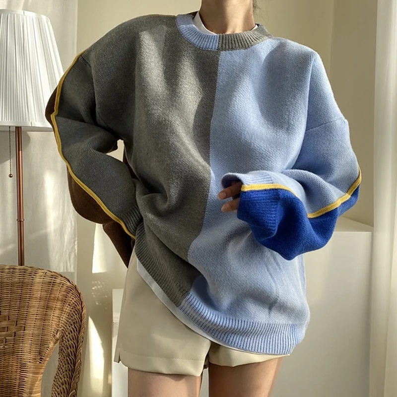 

Женские свитера, новинка 2021, корейская мода, индивидуальный дизайн с круглым вырезом, подходящий цвет, Свободный Повседневный вязаный пулов...