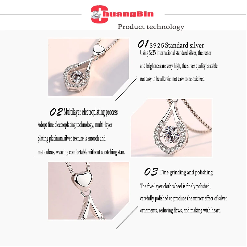

Genuine S925 sterling silver ladies gift pendant Korean personality Shake zircon fashion Heart shaped water drop pendant jewelry