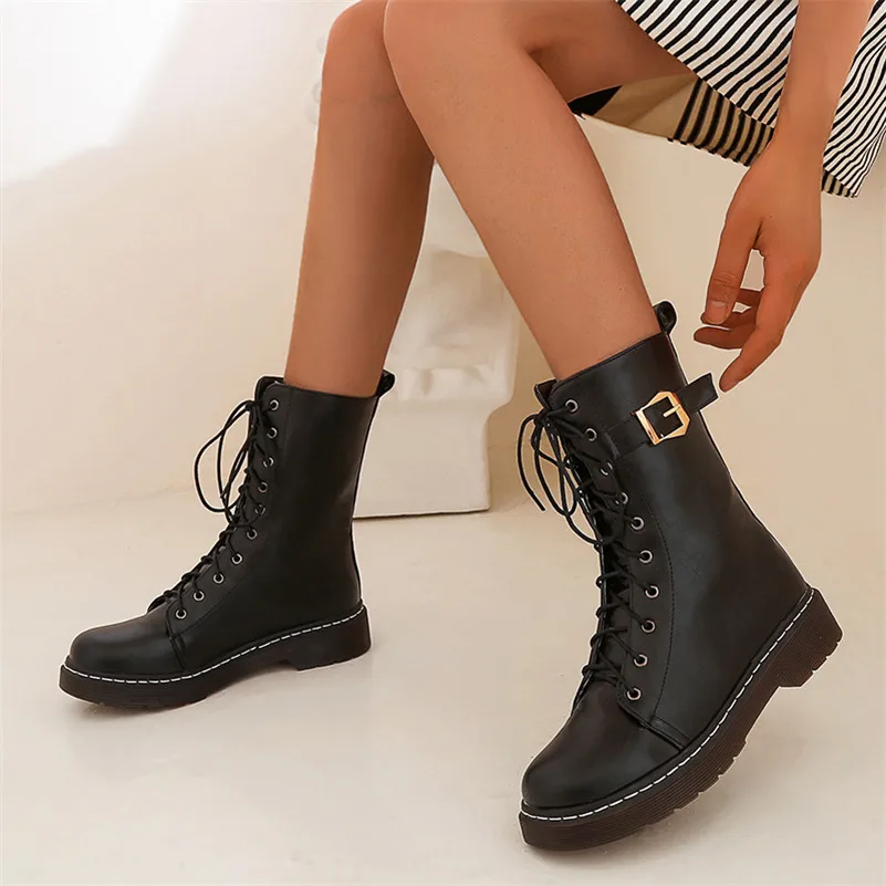 

ANNYMOLI Women Motorcycle Boots Shoes Buckle Flat Platform Mid Calf Boots Round Toe Lace Up Female Boots Black Brown Winter 43