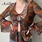 Artsu 2021 осенне-зимняя женская шифоновая рубашка, милые рубашки на шнуровке, укороченный топ, сексуальные уличные вечерние Клубные футболки Y2K