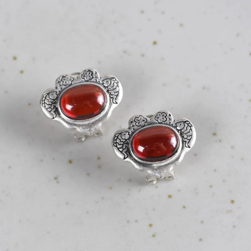 

FNJ Red Zircon Fish Flower Earrings 925 Silver Original Pure S925 Sterling Silver Stud Earring Women Jewelry Vintage Simple