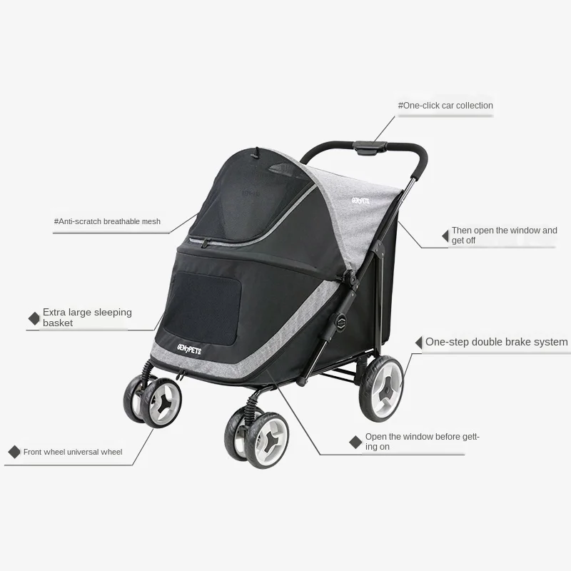 Большая тележка для домашних животных с одним шагом и двойным тормозом Складной