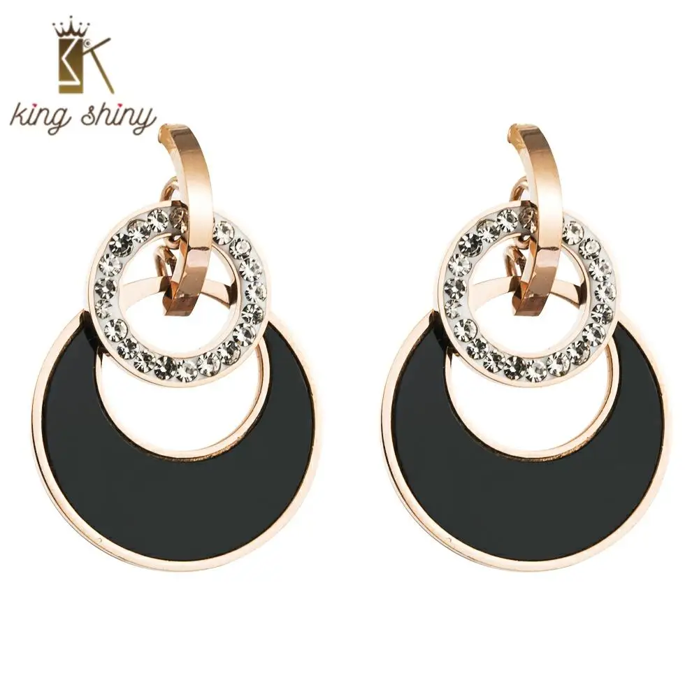 

Korean Exquisite Black Round Circle Statement Dangle Earrings for Woman Double Layers Geometric Crystal Party Earrings for Lady