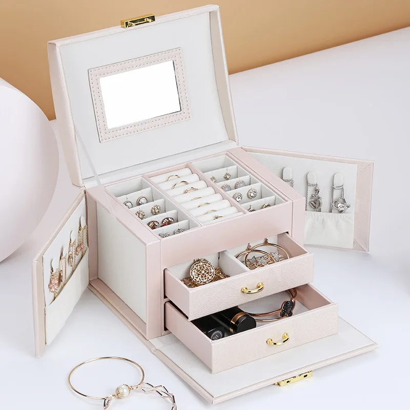 

2020 New Luxury Three-tier Storage Jewelry Box With Mirror Portable Silk Thread Storage Box Stud Earrings Ring Jewelry Box