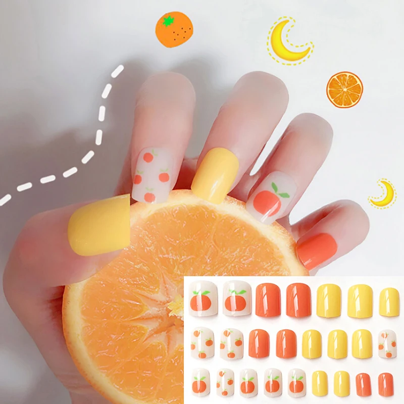 

24pc Yellow Orange Press On Fake Nails Long Square Full Cover False Nail Tips