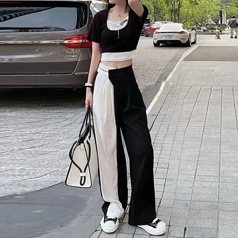 

New Women High Waist Capris Summer Long Pants Fashion Color matching Elegant Casual Office Lady Straight Trouser Wide Leg Pants
