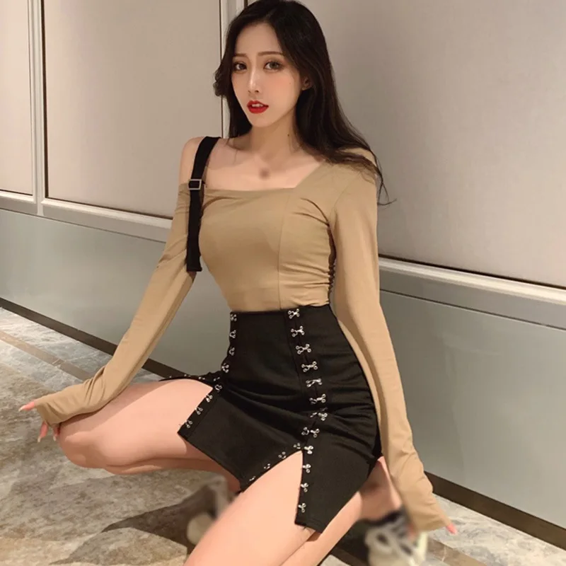 

2021 Female Streewear Slim Sexy High Waist Party Skirt Summer Women's Fashion Korean New Button Solid Skirt