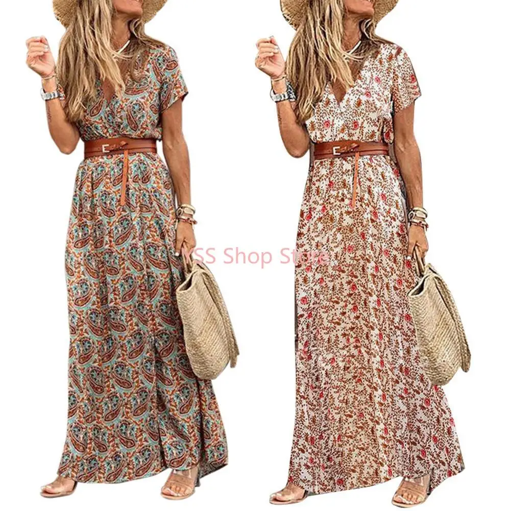 

Fashion Boho Long Dress for Women V Neck Short Sleeve Paisley Print Belt Large Hem Beach Long Dress Elegant Women's Dress