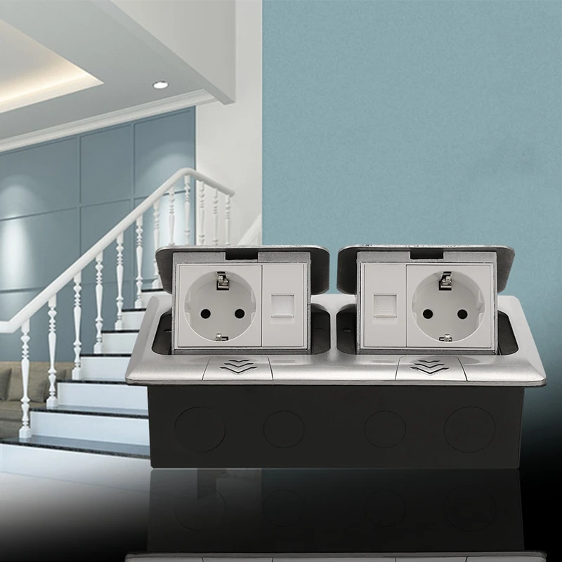 

-Up Ground Power Invisible Electrical Socket with Two European Style Double Socket Two Network Port EU Plug