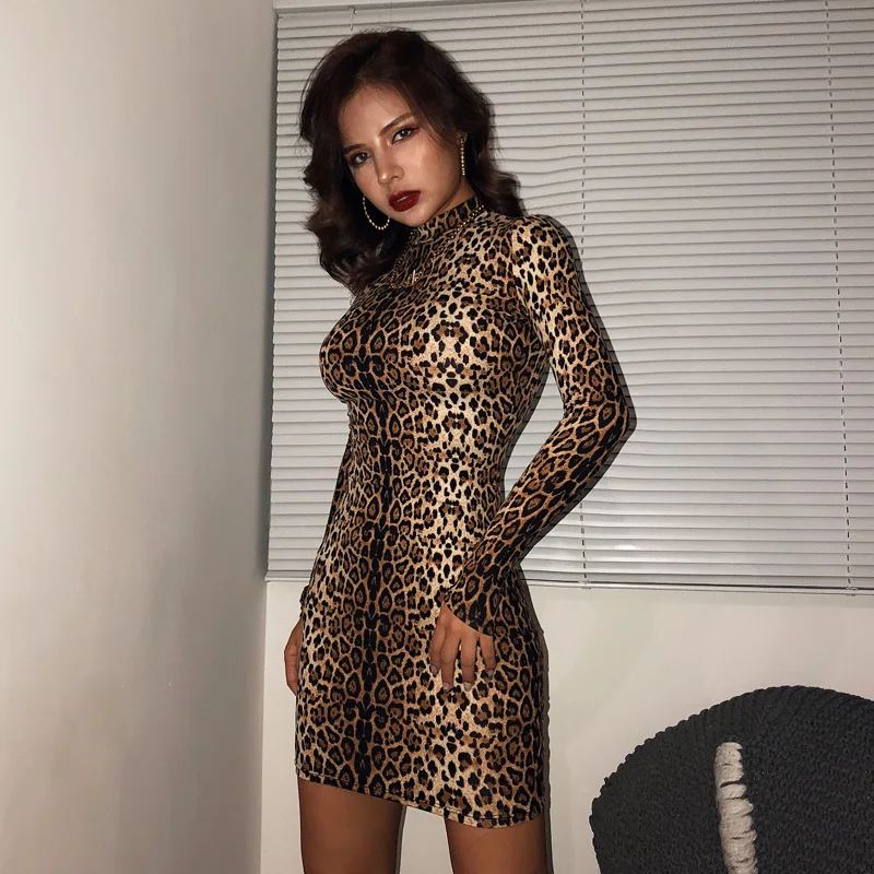 

Dress Women 2021 Fashion Sexy Leopard Long Sleeve Dress Casual Half Collar Close Mini Women's Summer Dress Free shipping