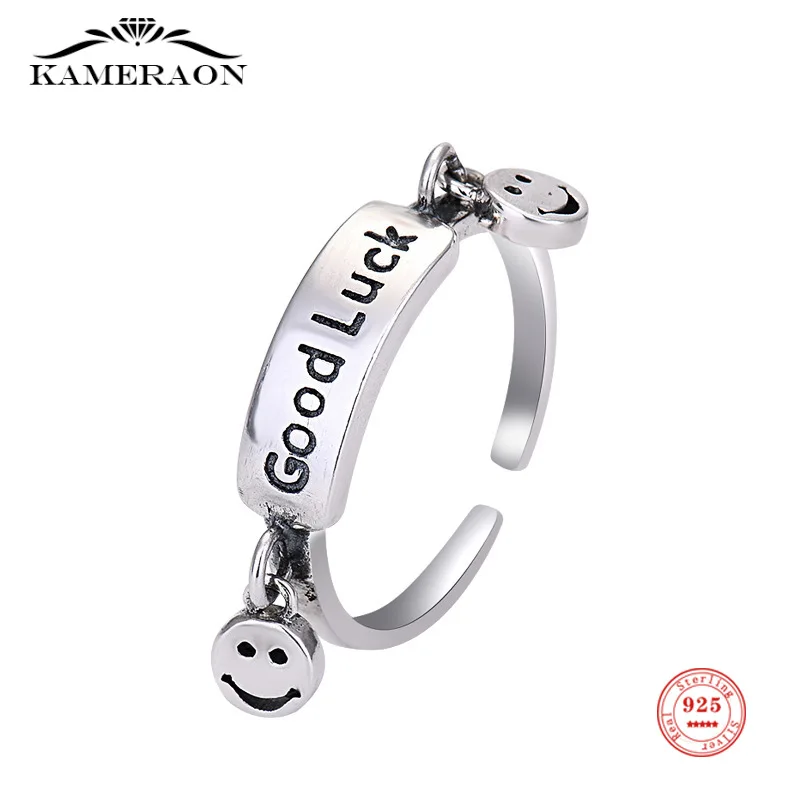 

925 Sterling Silver Trendy Rings for Women Vintage Handmade Thai Silver Smiley Face Tassel Elegant Party Jewelry Gifts