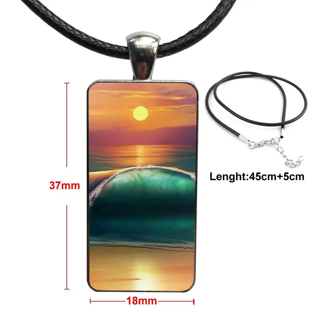 

Sunset Sea Sky Sand Beach Landscape Jewelry With Steel Plated Glass Cabochon Choker Long Pendant Rectangle Necklace For Women