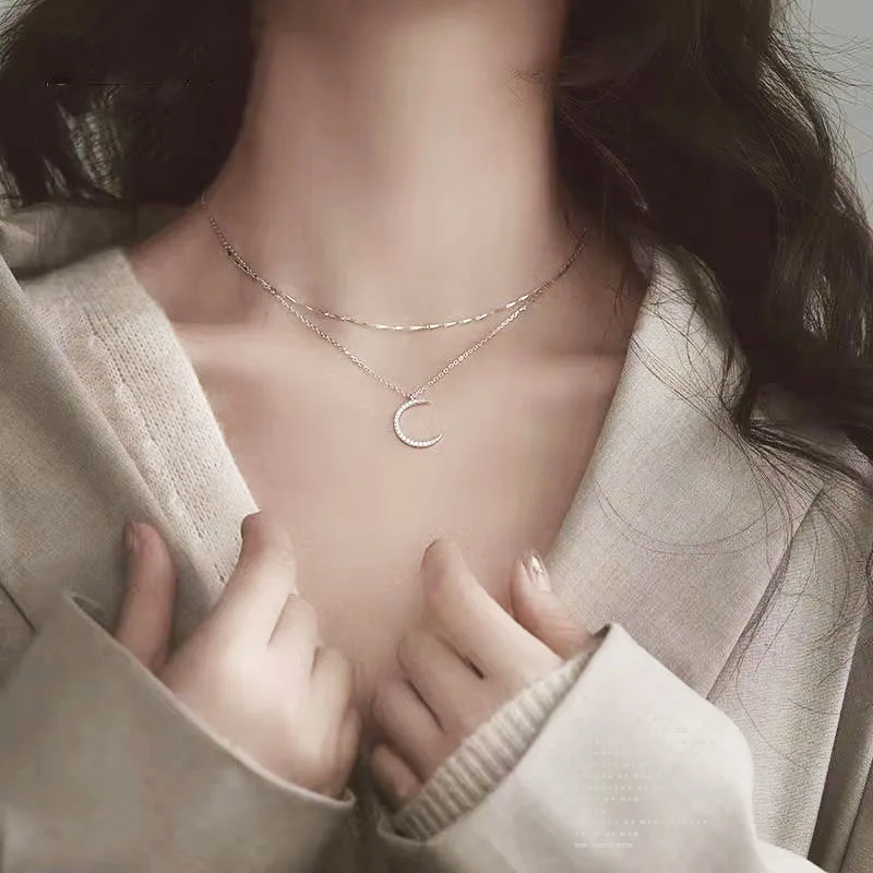 

VJGYHO 925 Sterling Silver Double Layered Moon Pendant Necklace For Women Fashion Long Choker Clavicle Chain Jewelry Fine Gift