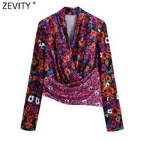 zevity women vintage cross v neck patchwork floral print slim short blouses lady chic long sleeve retro shirt blusas tops ls9739