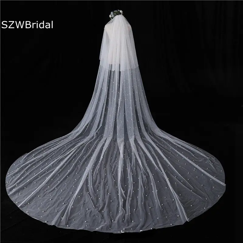 

New Arrival Two Layers Wedding Veils with Comb Welon ivory Pearls Beaded Long Bridal Veil Tocado de novia schleier