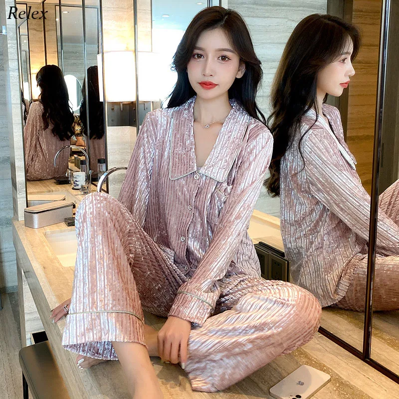 

New Style Pajamas Women Autumn And Winter Gold Velvet Two-Piece Sexy Cardigan Comfortable And Simple Casual Home Wear Pajamas