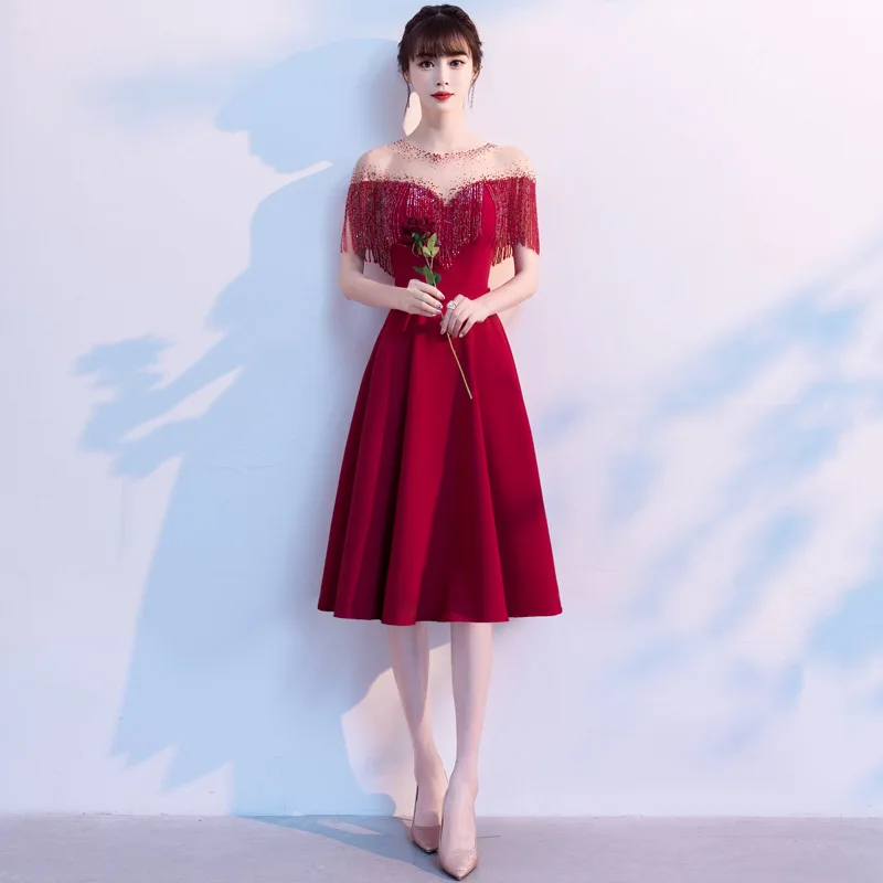 

Exquisite Tassel Bride Wedding Dress Temperament O-neck Evening Dress Noble Slim Banquet Dress Elegant Hostess Dress Big Size 3X