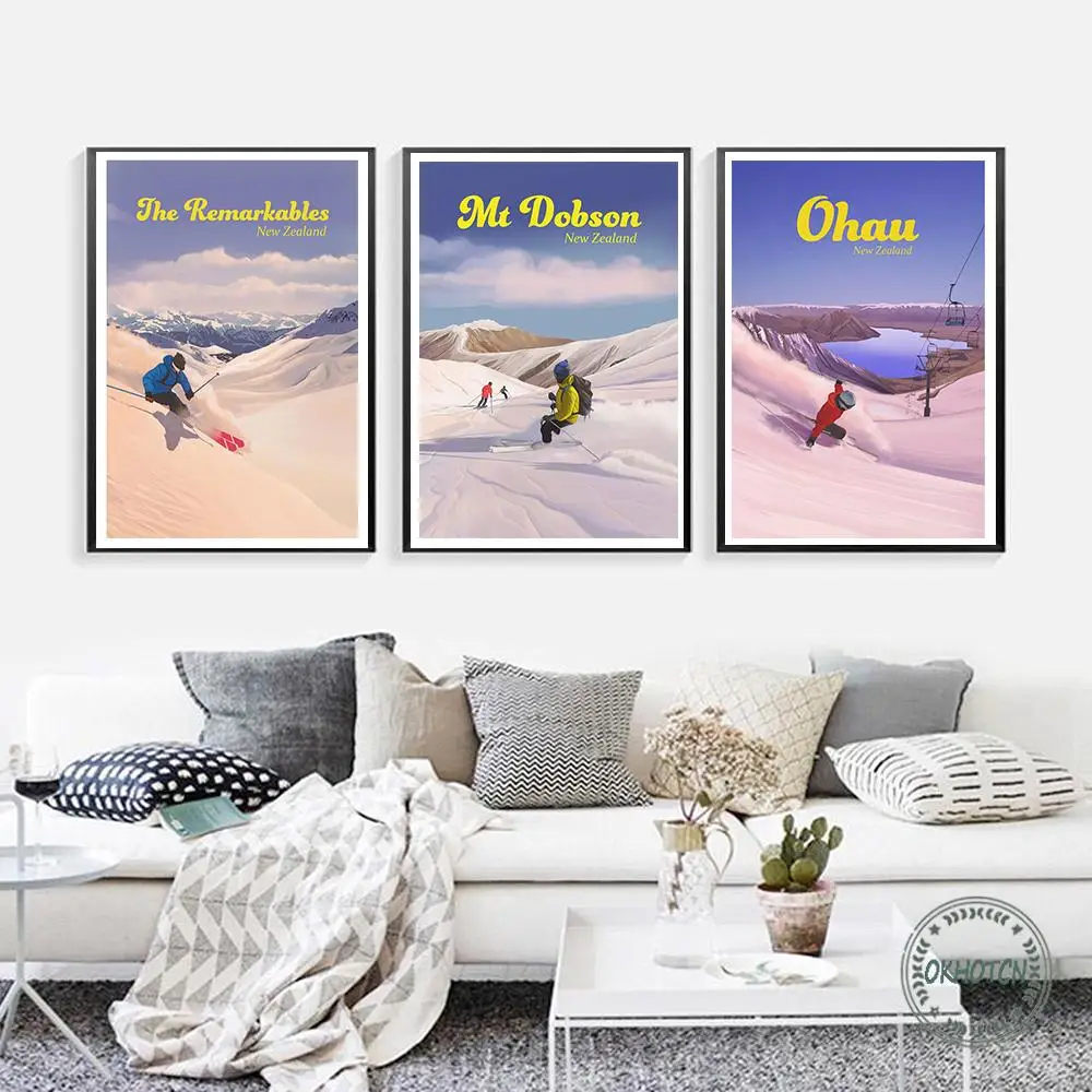 

Vintage New Zealand Winter Sports Ski Poster Cartoon Ski Field Snowboard Skiing Canvas Painting Wall Art Picture Home Decor