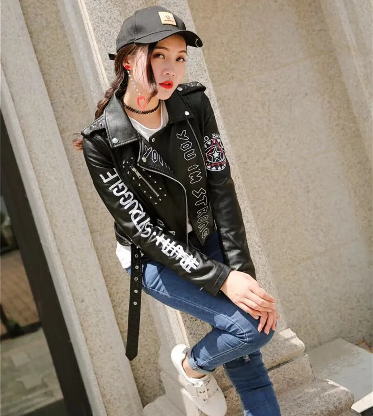

PU Leather 2021 Jacket Women Fashion Graffiti Print Soft Faux Leather Coats Ladies Motorcycle Biker Punk Zipper Jackets Female