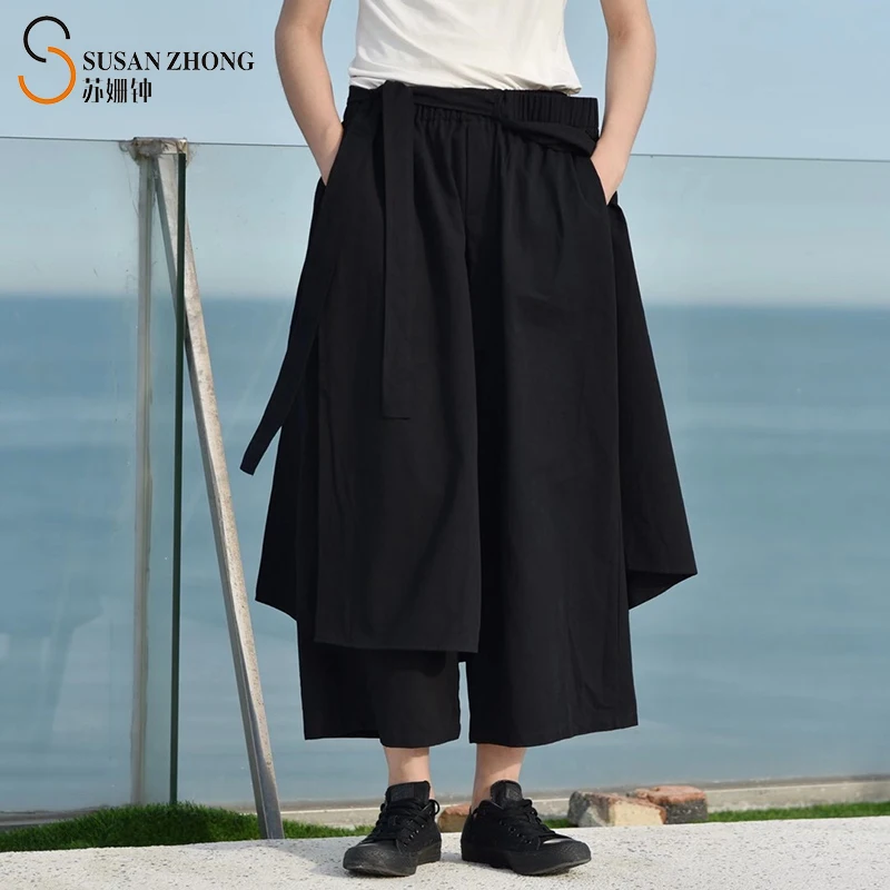 

Женские брюки, широкие брюки с накладной юбкой, эластичный пояс с поясом и карманами спереди, свободные кюлоты