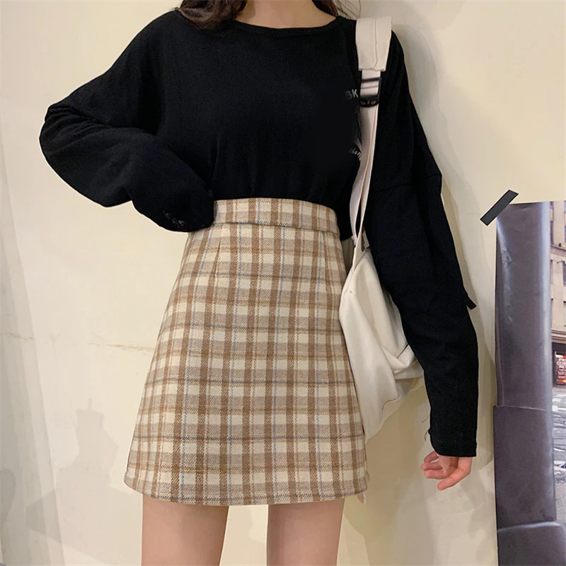 Autumn and winter new fashion high waist skirt women plaid retro wild a-line was thin package hip | Женская одежда