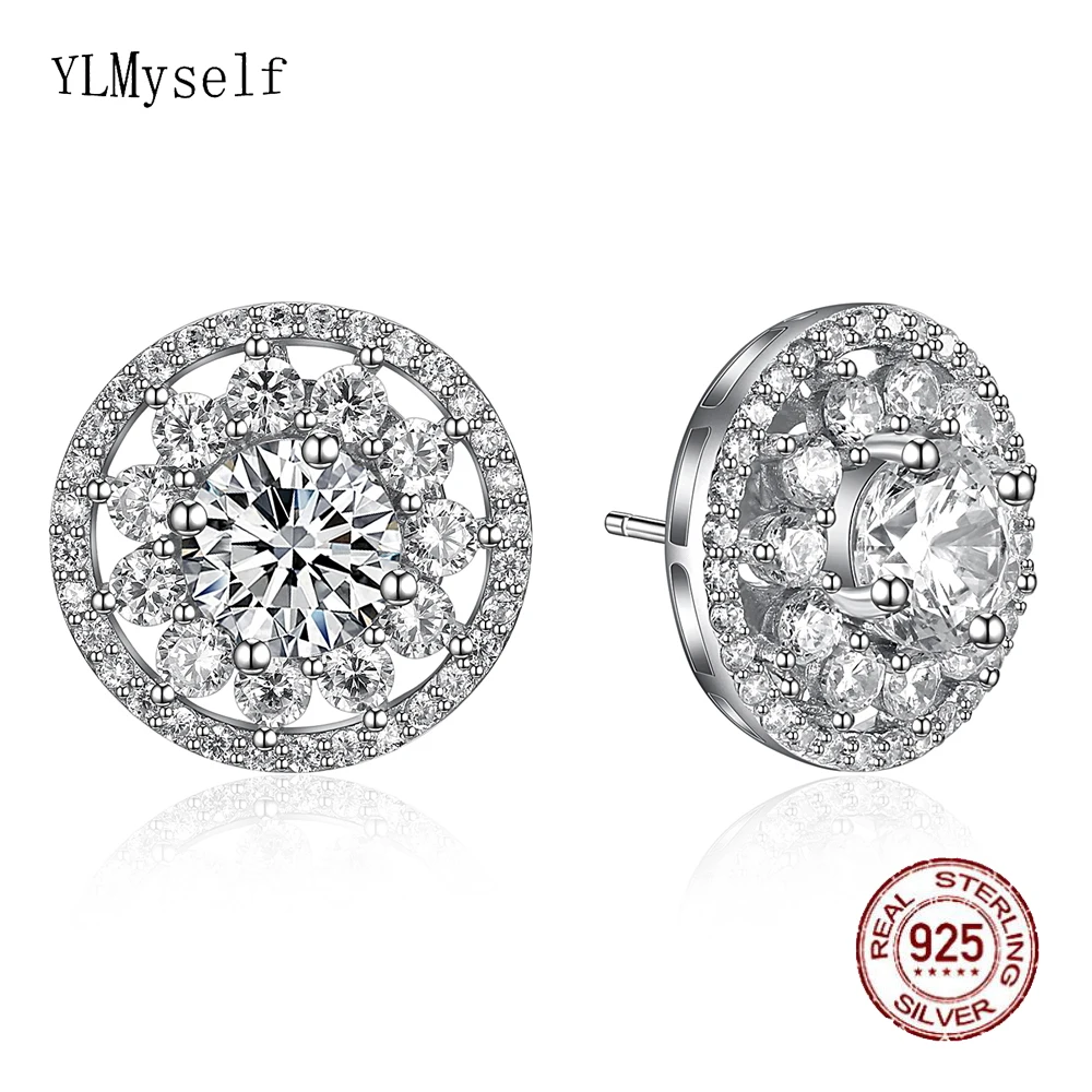 21mm diameter Real 925 round earrings Office lady crystal jewelry quickly ship high quality Elegant sterling silver stud earring | Украшения