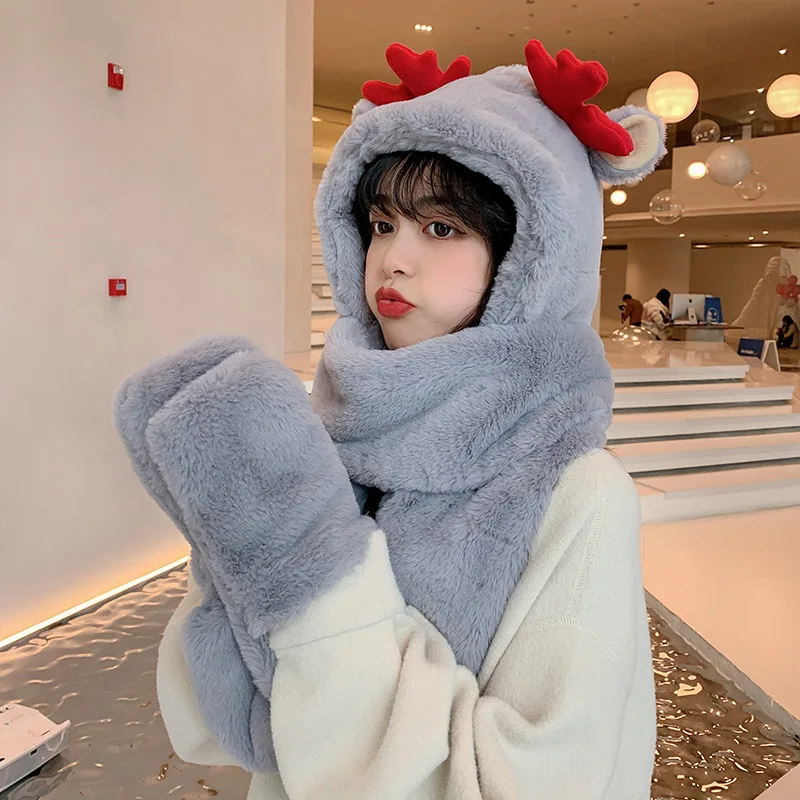 

2021 New winter elk hat warm rabbit hair scarf gloves hat in one three-piece set for women