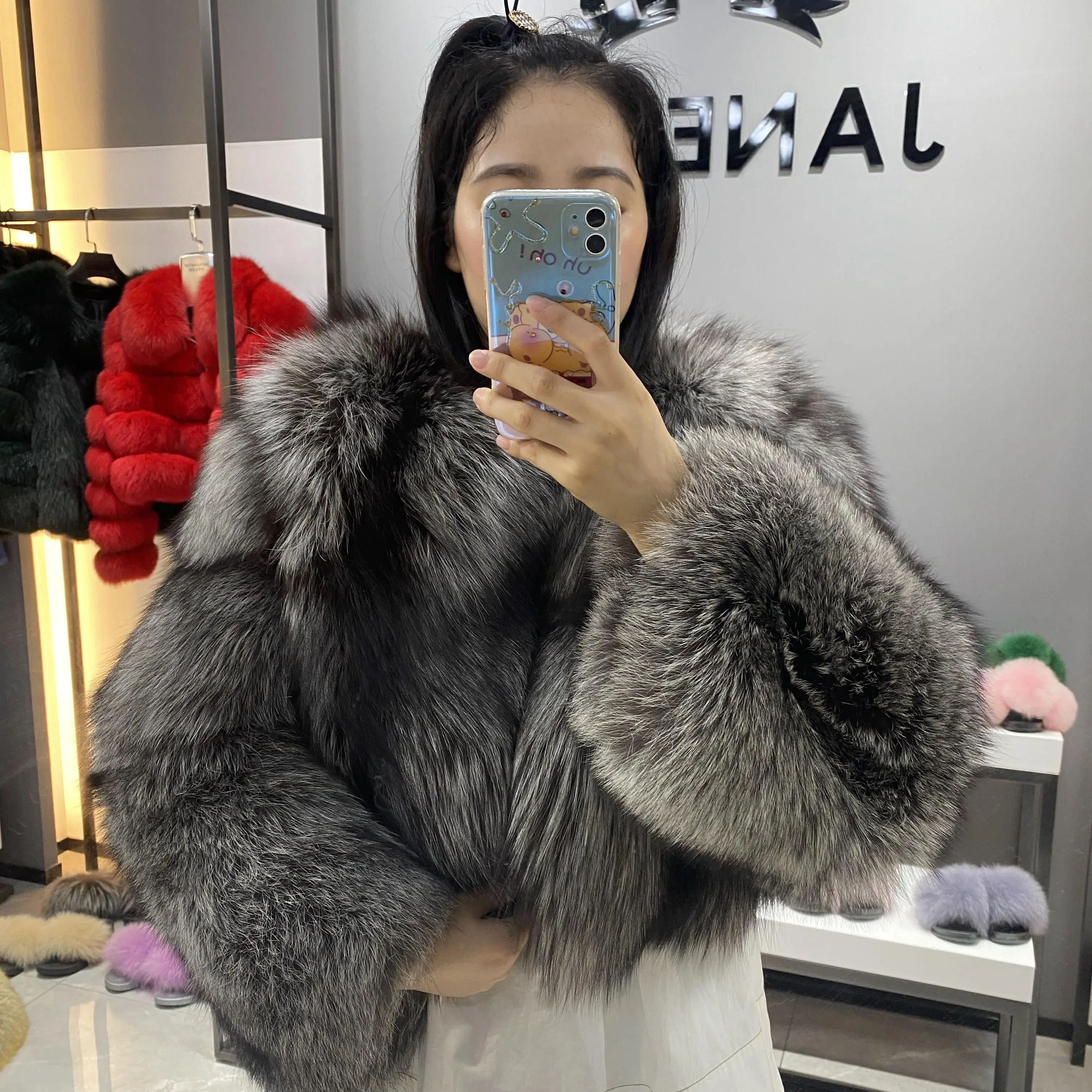 

Janefur Genuine Elegant Fox Fur Jacket V-necked Silver Fox Fur Coat Full Pelt Short Luxury Clothing