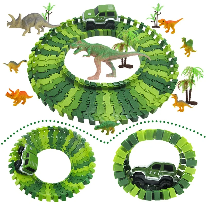 

153pcs Dinosaur Race Car Track Flexible Track Road Race Playset Model With Cool Off-road Cars DIY Assemble Road Race Kids Toys