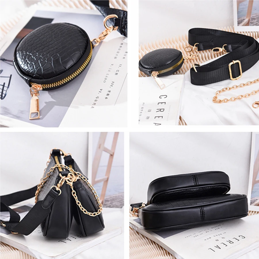 

Fashion Crocodile pattern Women's Shoulder Bag Designer 3 pcs/Set Chain Crossbody Messenger Bags Lady Alligator Wide Strap Purse