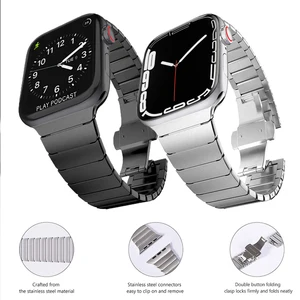 Ремешок из нержавеющей стали для Apple Watch band 45 мм 41 мм 44 мм 40 мм 42 мм 38 мм, металлический браслет с пряжкой-бабочкой для iWatch SE 7 6 5 4 3 2