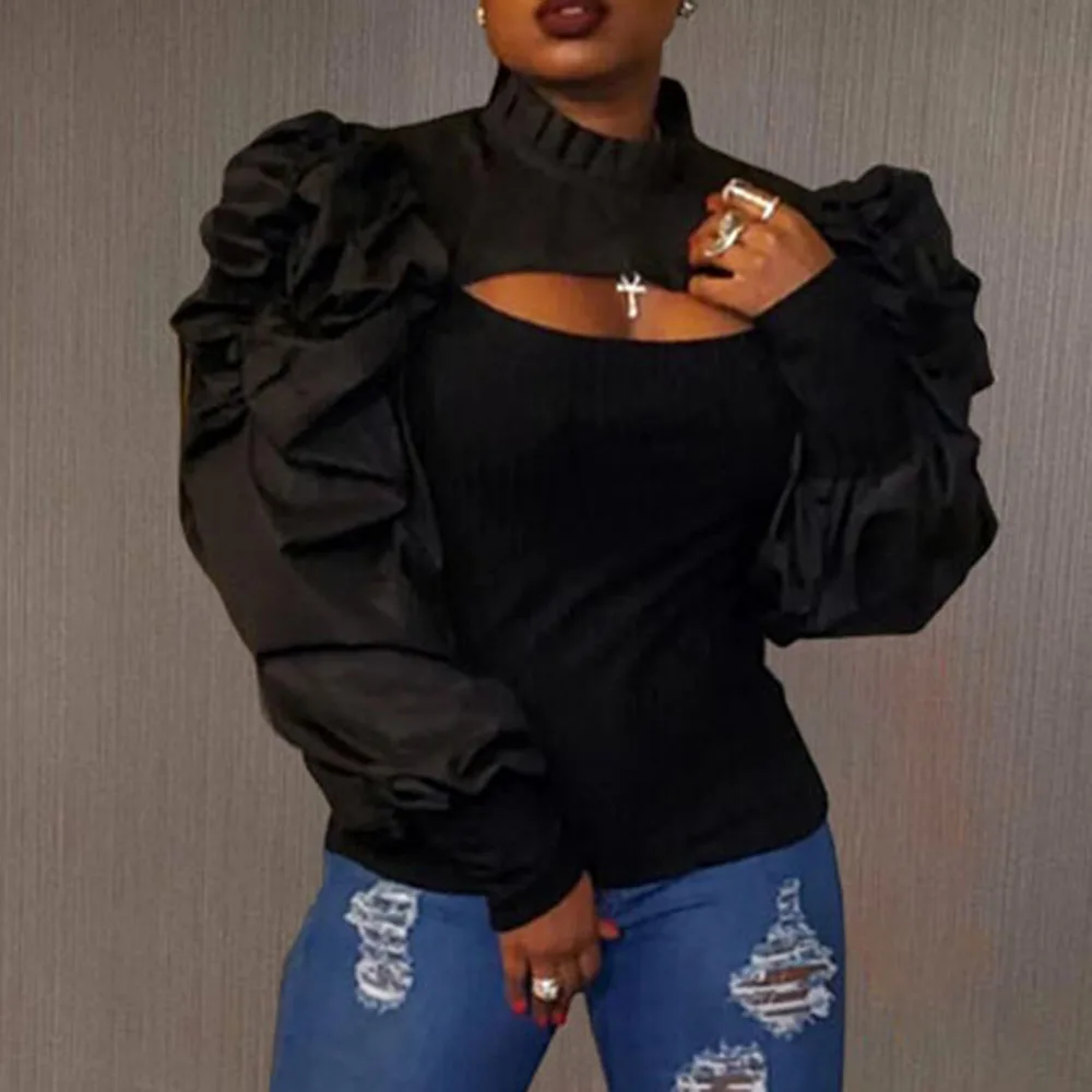 

Spring Summer 2021 Western Style Blouse New Explosion Temperament Casual Solid Color Fashion Hollow Out Puff Sleeve Round Neck