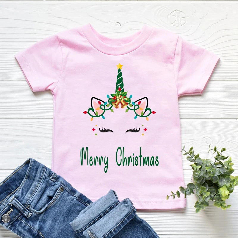 Camiseta de Feliz Navidad para ni&ntilde;os y ni&ntilde;as, camisa Kawaii con cara de unicornio, astas, ropa para ni&ntilde;os, camisetas de manga corta de los a&ntilde;os 90, 2022-5
