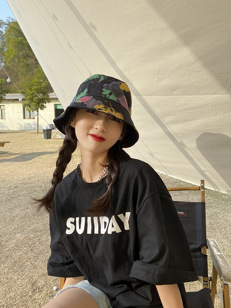 Girl cute tide bear graffiti daily joker spring and summer sunshade fisherman hat female early spring show small face