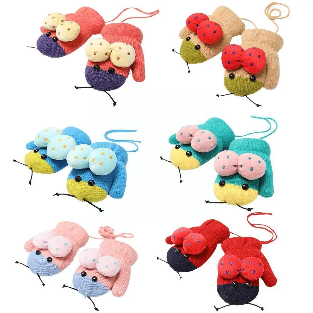 

Мультяшные милые детские варежки с божьей коровкой, зимние теплые вязаные перчатки, варежки для девочек, перчатки для прорезывания зубов, д...