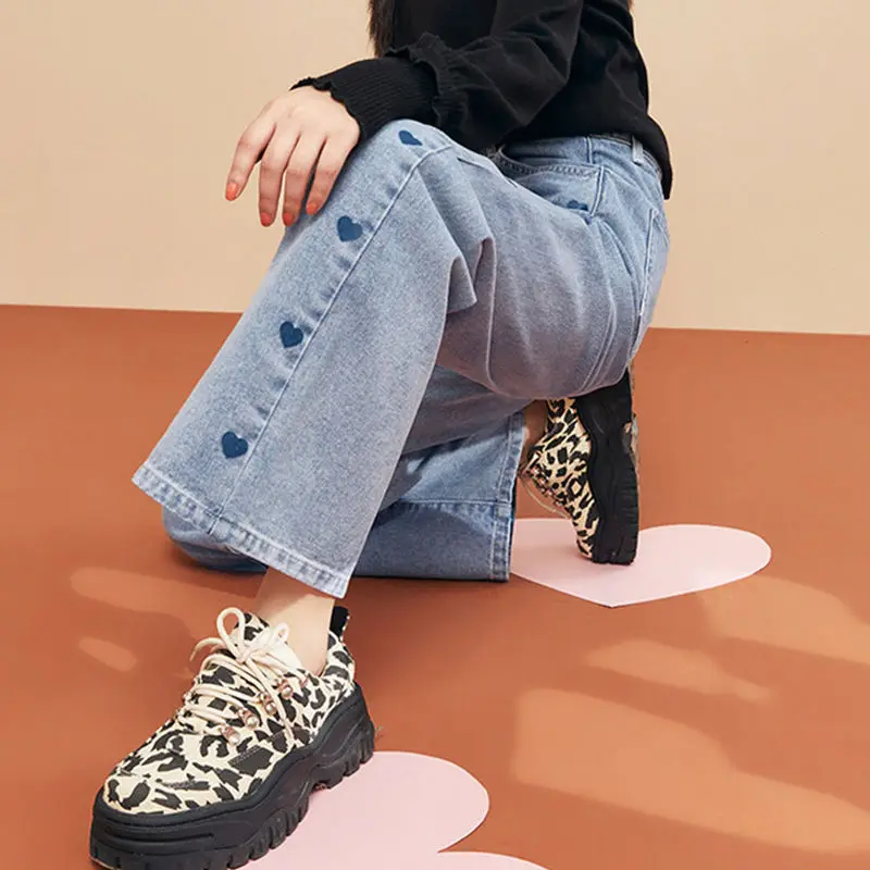 

2021 Spring and Autumn New Fashion Korean Women's Clothing Love Print High Waist Jeans Women Straight Wide Leg Pant Y184