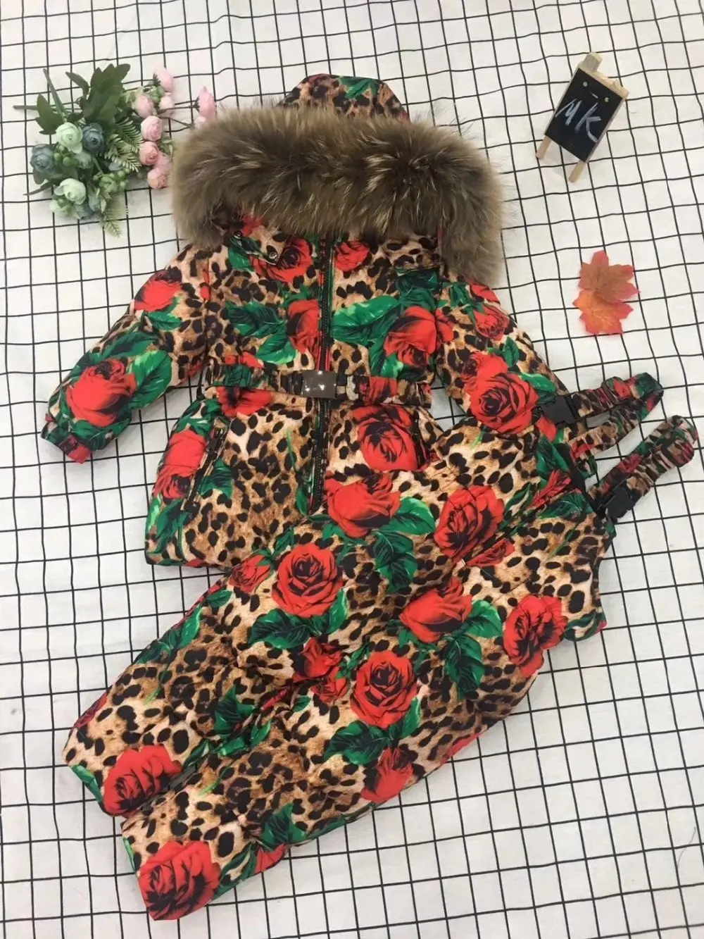 Real fur Winter Jacket child jackets children jumpsuit snow suit girl flower down romper ski suits outerwear