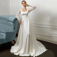 ueteey a line jersey wedding dress sqaure neck dot tulle long sleeves sweep train 2021 simple plus size wedding gowns