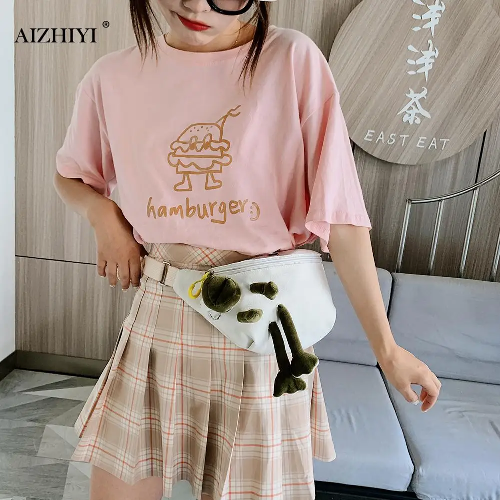 Creative Design Canvas Fanny Waist Belt Bag Women Classic Texture Chic Frog Doll Pendant Zipper Cute Shoulder Pouch |