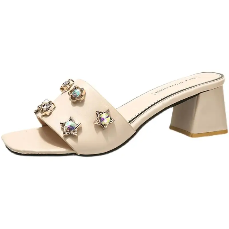 

Rivet Female Shoes Slippers Casual Slides Women Heels Med Jelly Flip Flops Square heel 2021 Luxury High Summer Soft Glitter